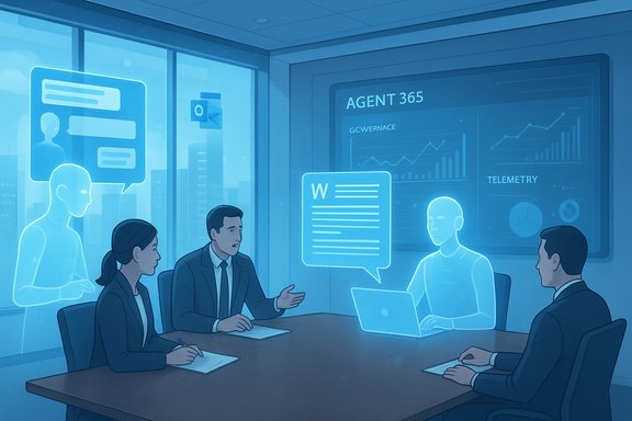A futuristic boardroom with holographic figures discussing data on a large AGENT 365 display.