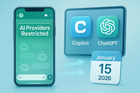 Phone screen shows AI Providers Restricted alongside Copilot and ChatGPT icons dated January 15, 2026. Phone screen shows AI Providers Restricted alongside Copilot and ChatGPT icons dated January 15, 2026.