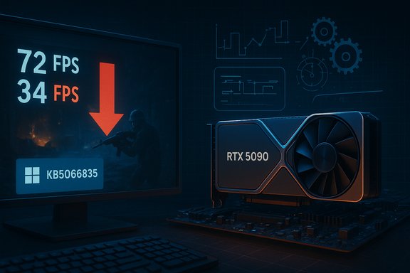 RTX 5090 GPU beside a monitor displaying 72 FPS vs 34 FPS with a red downward arrow. RTX 5090 GPU beside a monitor displaying 72 FPS vs 34 FPS with a red downward arrow.