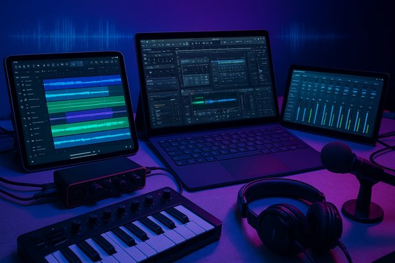 Neon-lit music studio with a laptop, tablets running DAWs, MIDI keyboard, mixer, mic and headphones.