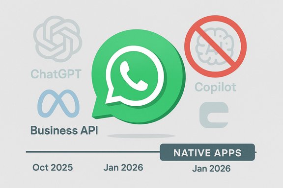 WhatsApp center-stage with ChatGPT, Copilot, and Business API icons on a timeline to Jan 2026.