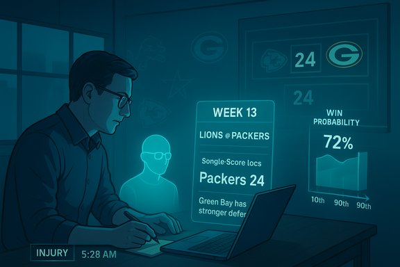 Analyst studies Week 13 Lions @ Packers data on a holographic dashboard showing 72% win probability.