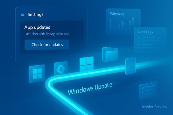 Blue, futuristic UI showing Windows Update settings and a 'Check for updates' prompt.