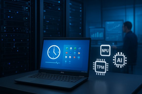 A laptop sits in a blue data center as AI hardware icons (NPU, TPM) glow on glass.