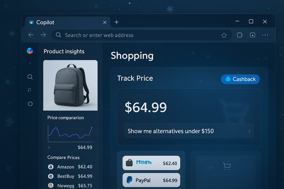 Dark blue browser-style shopping dashboard showing price tracking and cashback.