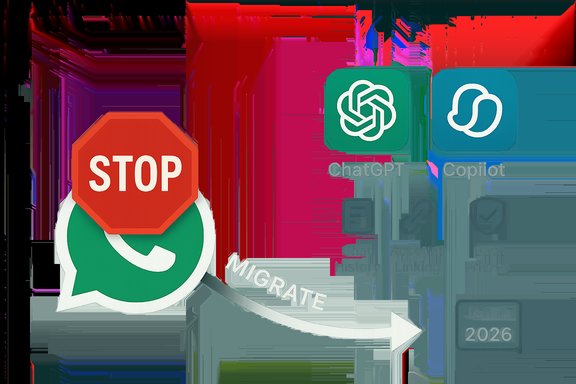 A STOP sign sits on a WhatsApp chat bubble as a curved 'MIGRATE' arrow points toward ChatGPT and Copilot. A STOP sign sits on a WhatsApp chat bubble as a curved 'MIGRATE' arrow points toward ChatGPT and Copilot.