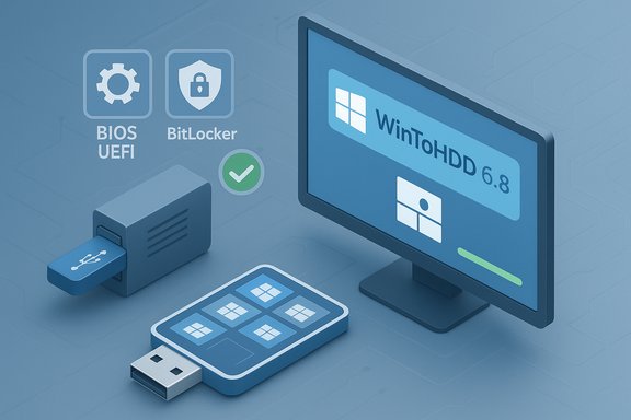 WinToHDD 6.8 shown on a monitor with a USB drive and BIOS/UEFI, BitLocker icons.