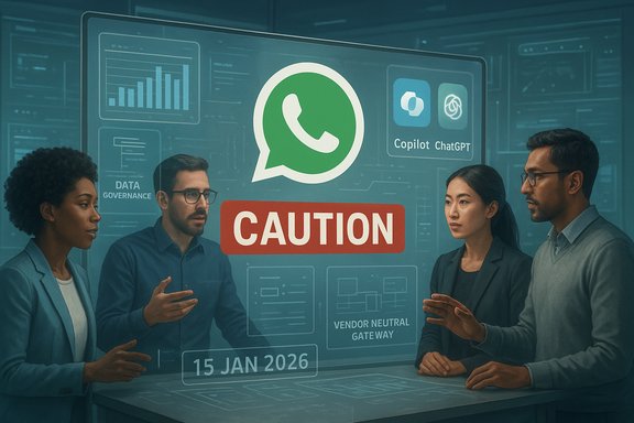 A team discusses data governance and caution around WhatsApp on a holographic display. A team discusses data governance and caution around WhatsApp on a holographic display.