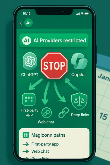 Phone screen shows “AI Providers restricted” with a bold red STOP sign among AI icons. Phone screen shows “AI Providers restricted” with a bold red STOP sign among AI icons.