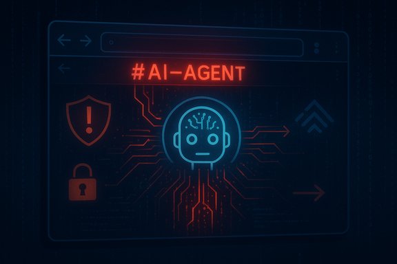 Neon AI agent head with circuit-brain, flanked by security icons on a dark interface. Neon AI agent head with circuit-brain, flanked by security icons on a dark interface.