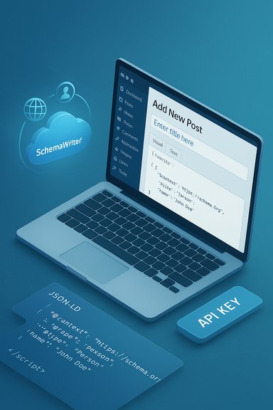 A laptop screen shows a post editor and code, with a SchemaWriter cloud icon and API key button.