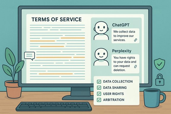 A computer monitor shows Terms of Service with ChatGPT and Perplexity panels and a data rights checklist.