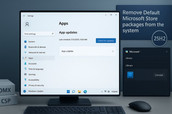 Windows 11 Settings: Apps page with updates on a desktop beside a poster about removing Microsoft Store packages.