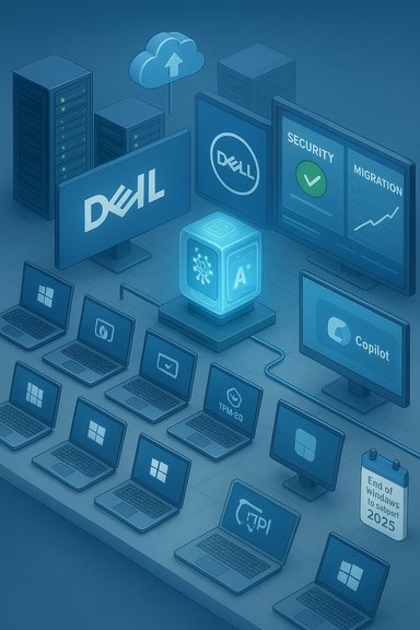 Dell data center with cloud, security and migration dashboards beside rows of laptops.
