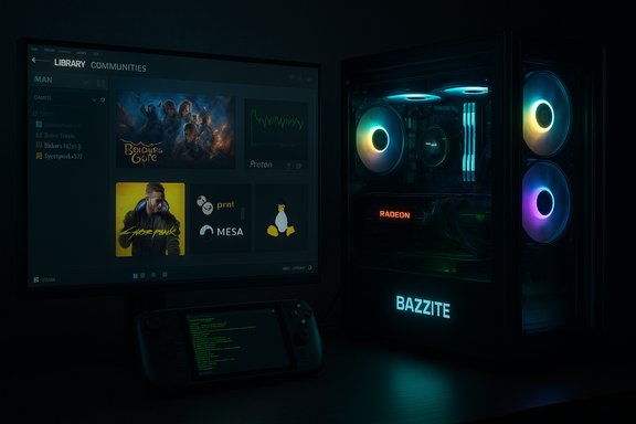 A dim, neon-lit gaming setup with an RGB PC tower and a Steam library displayed on the monitor.