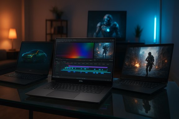 Three laptops on a glass table in a moody two‑tone room, editing sci‑fi footage with color grading.