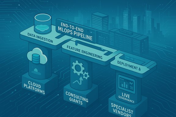 Isometric illustration of an end-to-end MLOps pipeline with data ingestion, feature engineering, deployment, governance.