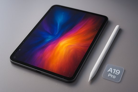 A tablet with a vivid gradient display lies beside a white stylus and an A19 Pro card.