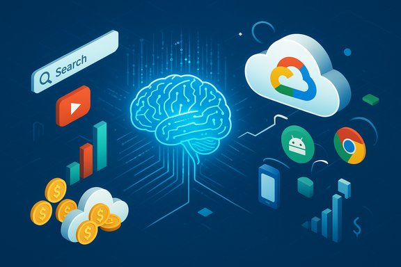 A glowing AI brain connects cloud computing, data analytics, and digital services.