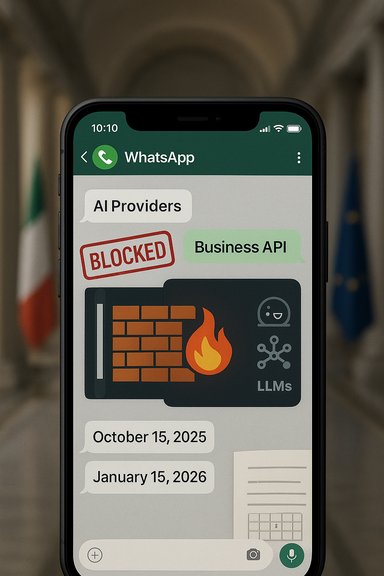 WhatsApp chat about AI providers, showing a BLOCKED stamp on Business API and a firewall/LLMs graphic. WhatsApp chat about AI providers, showing a BLOCKED stamp on Business API and a firewall/LLMs graphic.
