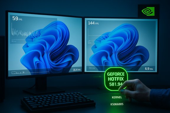 Hand holds a neon “GEFORCE HOTFIX 581.94” patch in front of dual monitors.