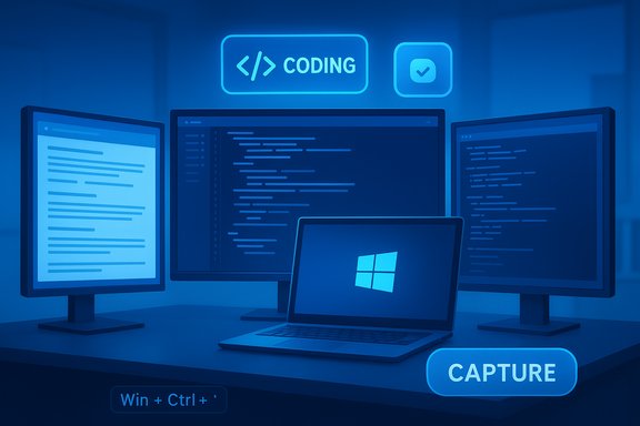Blue-toned coding setup with multiple monitors and a Windows laptop. Blue-toned coding setup with multiple monitors and a Windows laptop.