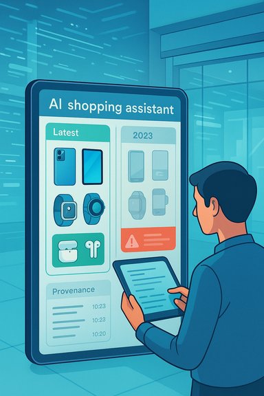 A man browses an AI shopping assistant display showcasing the latest gadgets.