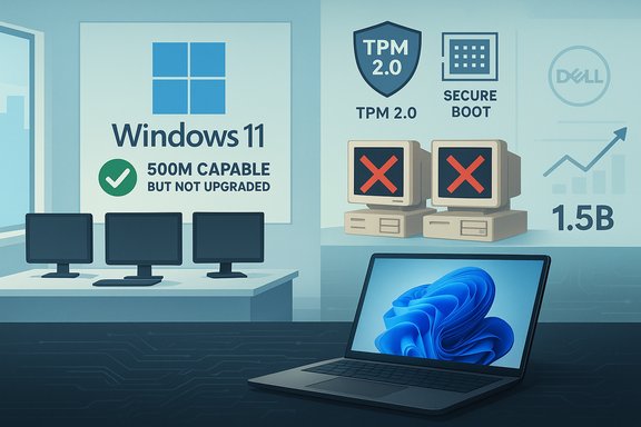 Tech illustration showing Windows 11 requirements (TPM 2.0, Secure Boot) with old PCs and a laptop.