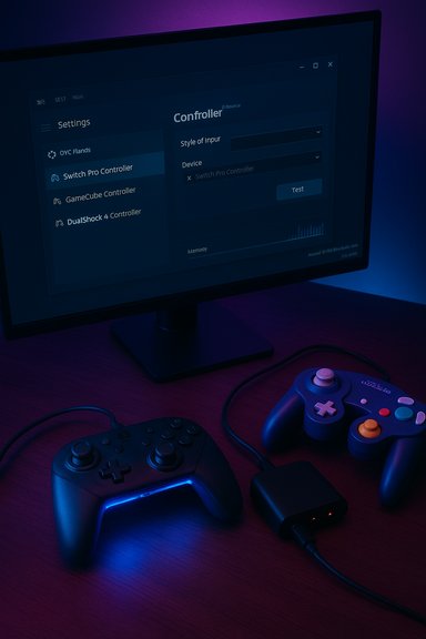 Gaming setup with a monitor displaying settings, two controllers, and a charging hub under blue-purple light.