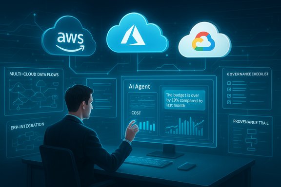 A professional analyzes multi-cloud data on holographic dashboards with AWS, Azure, and Google Cloud.