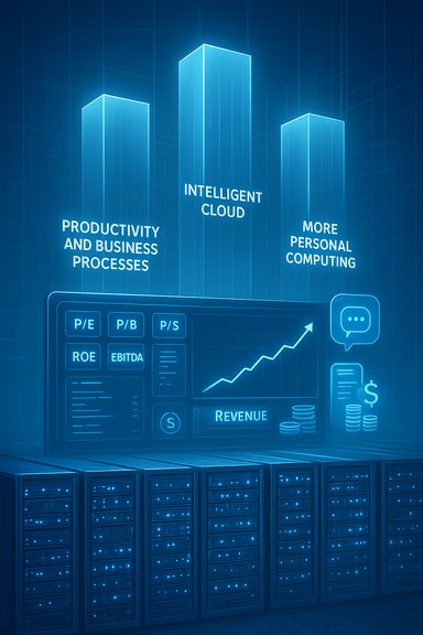 Three glowing bars labeled Productivity, Intelligent Cloud, and More Personal Computing rise over a data-center dashboard.