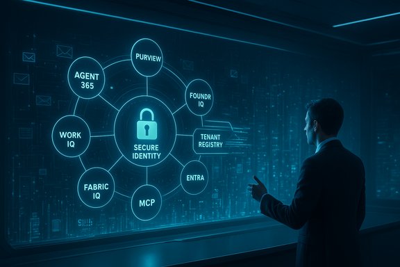 A businessman studies a blue holographic diagram of secure identity and connected modules. A businessman studies a blue holographic diagram of secure identity and connected modules.