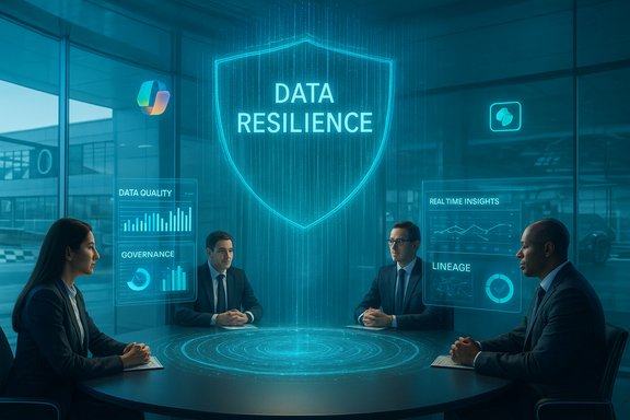 Four professionals discuss data resilience at a table with holographic dashboards.