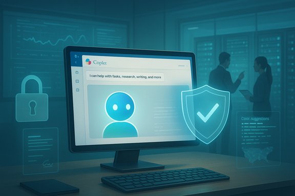 A computer monitor in a data-center setting displays a chatbot interface with shield icons.