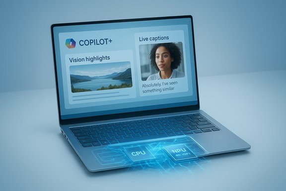 Laptop screen showing Copilot+ UI with Vision highlights and Live captions.