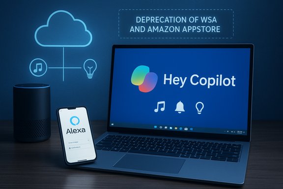 Hey Copilot on a laptop, Alexa on a phone, cloud icons, and a deprecation note for WSA and Amazon Appstore.