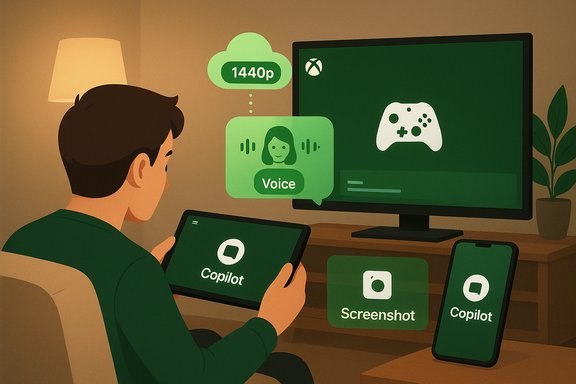Person uses Copilot on tablet and phone, with a voice bubble, viewing a 1440p game screen.