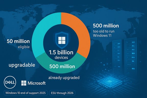 Global infographic showing 1.5B devices: 50M eligible, 500M upgraded, 500M too old for Windows 11.