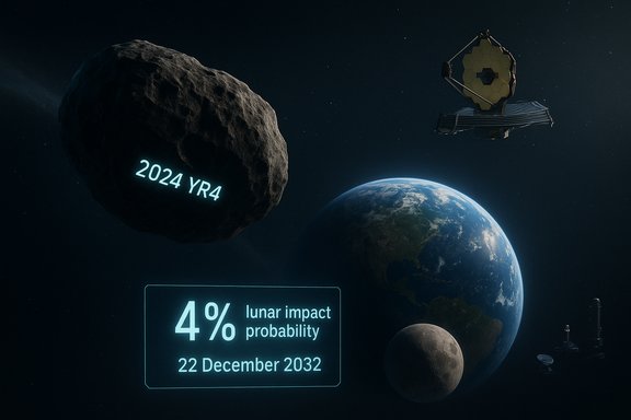 Asteroid 2024 YR4 nears Earth with a 4% lunar impact probability on 22 December 2032.