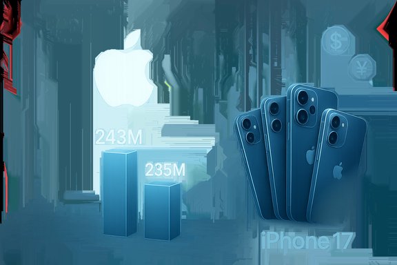 Apple logo beside market bars and a lineup of iPhone 17 devices.