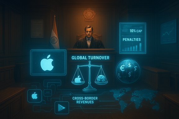 In a courtroom, holographic dashboards display global turnover, cross-border revenues, and penalties.