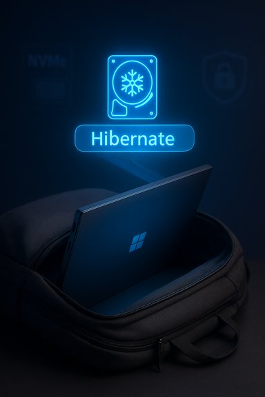 A neon blue Hibernate icon with a snowflake hard drive hovers above a Windows laptop in a backpack.