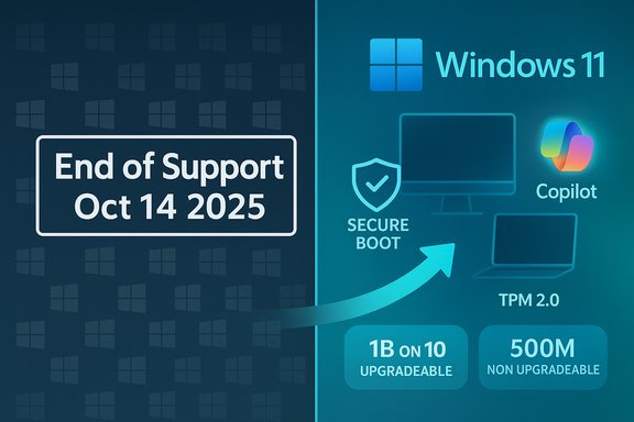 Windows end of support on Oct 14, 2025, with Windows 11 features highlighted.