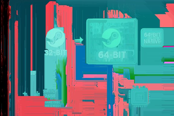 Illustration of moving from 32-bit to 64-bit computing in gaming with Steam and Switch icons. Illustration of moving from 32-bit to 64-bit computing in gaming with Steam and Switch icons.