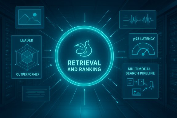 Futuristic dashboard centered on retrieval and ranking, with latency and multimodal search panels.