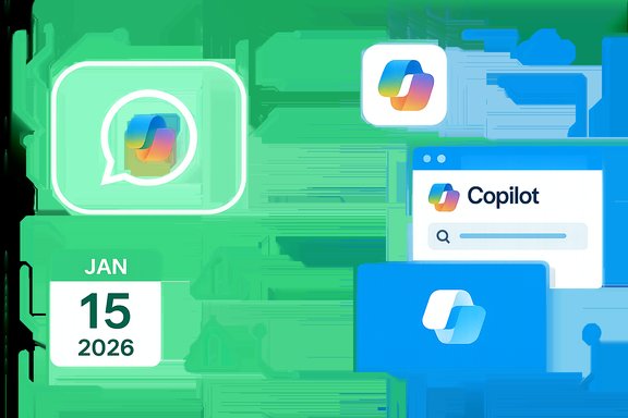 Split-green/blue design showcasing Copilot branding with app icons and the date January 15, 2026.