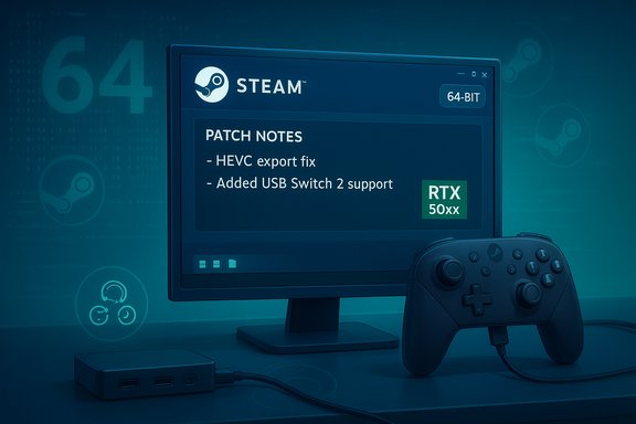 Steam patch notes on a monitor with a game controller in a blue-lit setup. Steam patch notes on a monitor with a game controller in a blue-lit setup.