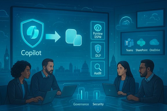 A diverse team in a blue-lit room reviews the Copilot security dashboard featuring governance and cloud apps. A diverse team in a blue-lit room reviews the Copilot security dashboard featuring governance and cloud apps.