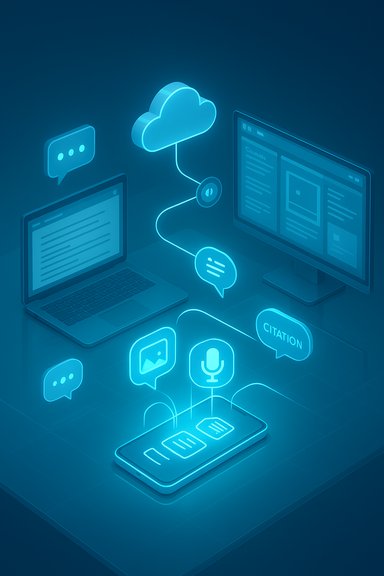Cloud-connected devices synchronizing chat, voice, and data between laptop, monitor, and phone.