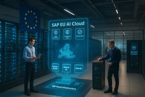 In a European SAP data center, two staff monitor a glowing holographic SAP EU AI Cloud display.
